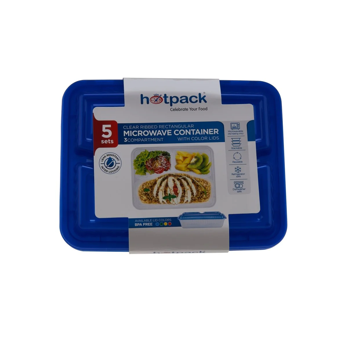 Clear Ribbed Rectangular Microwave Compartment Container with Color Lids 5  Pieces - Image 10