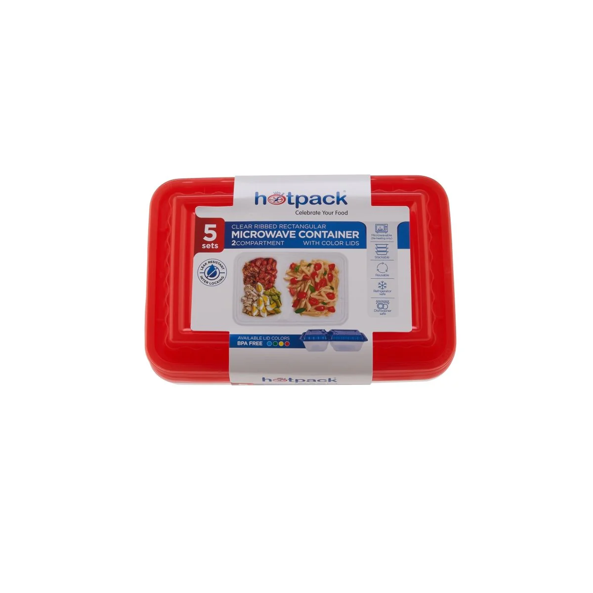 Clear Ribbed Rectangular Microwave Compartment Container with Color Lids 5  Pieces - Image 12
