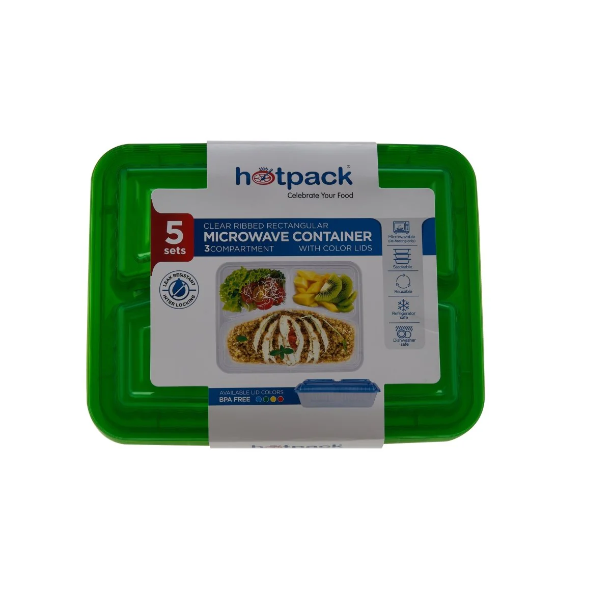 Clear Ribbed Rectangular Microwave Compartment Container with Color Lids 5  Pieces - Image 14