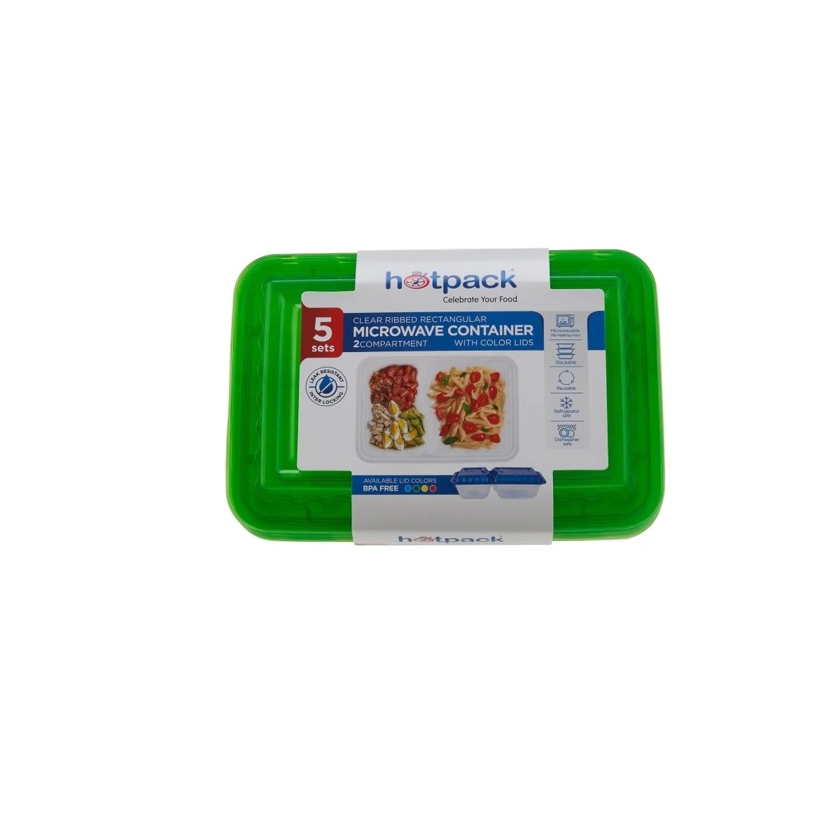 Clear Ribbed Rectangular Microwave Compartment Container with Color Lids 5  Pieces - Image 3