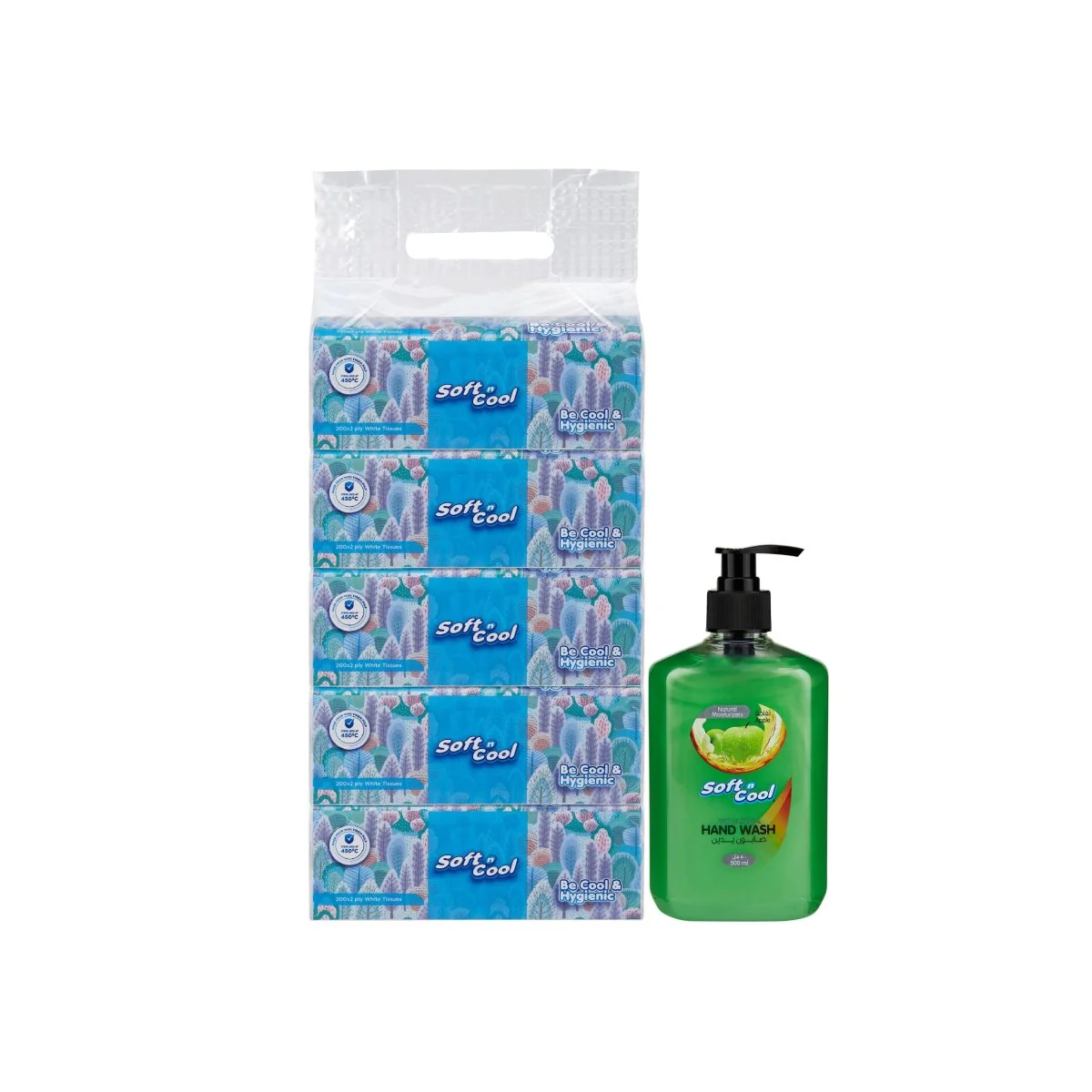 Soft n Cool Facial Tissue Nylon Pack 200 Sheets x 2 ply + 500 ml Soft n Cool Liquid Hand Wash Combo